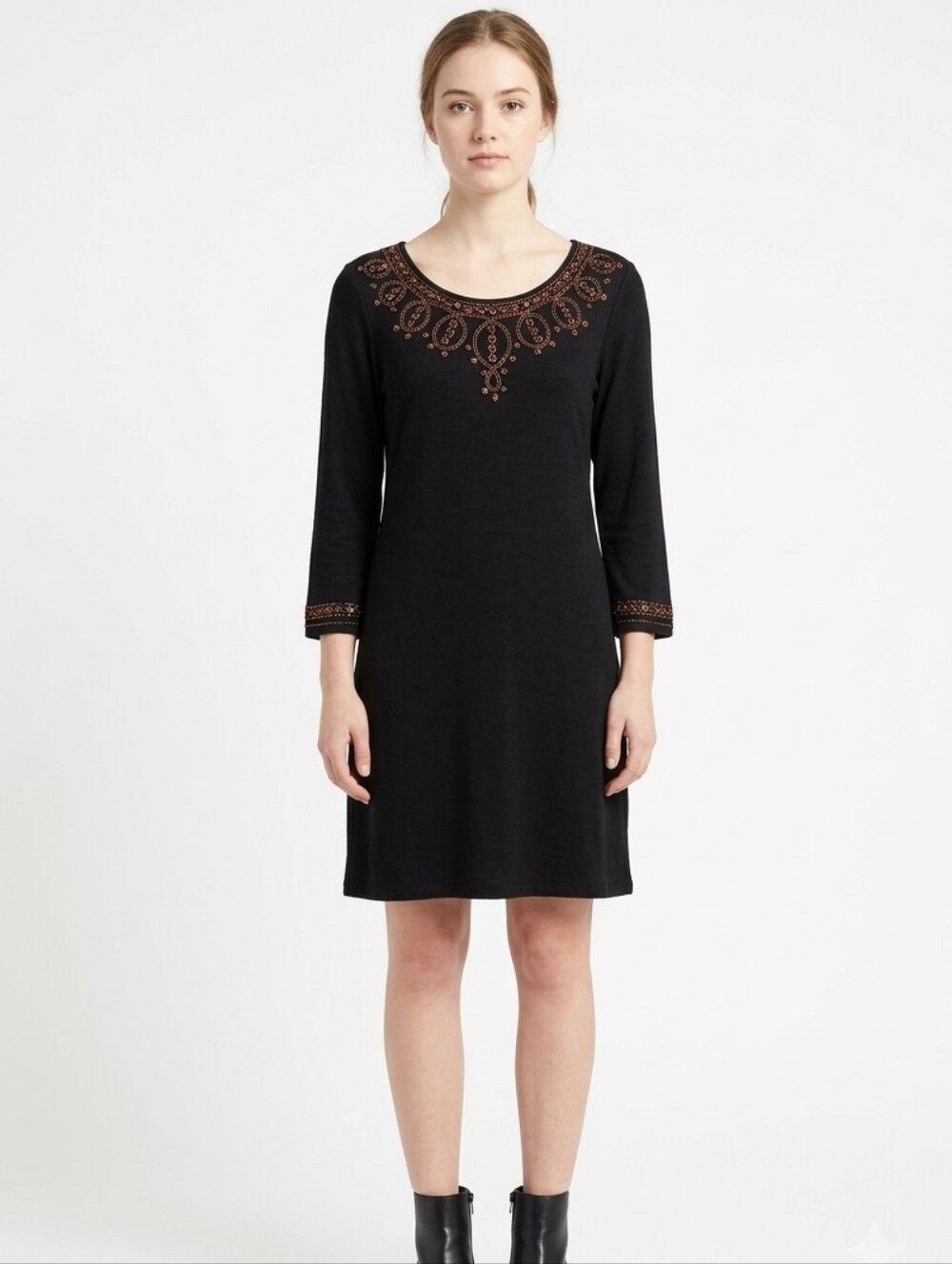 Boho Black Knit Dress Copper Bronze Embroidered Beaded Scoop Neck Med